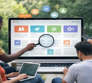 People exploring Puzutask com informational platform with articles on business, technology, finance, and lifestyle