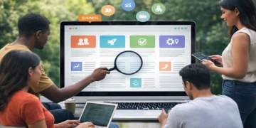 People exploring Puzutask com informational platform with articles on business, technology, finance, and lifestyle