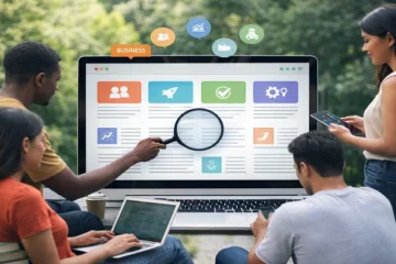 People exploring Puzutask com informational platform with articles on business, technology, finance, and lifestyle