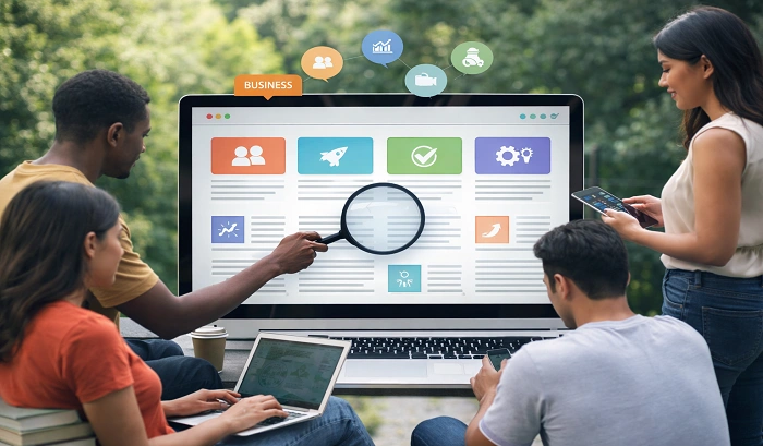 People exploring Puzutask com informational platform with articles on business, technology, finance, and lifestyle